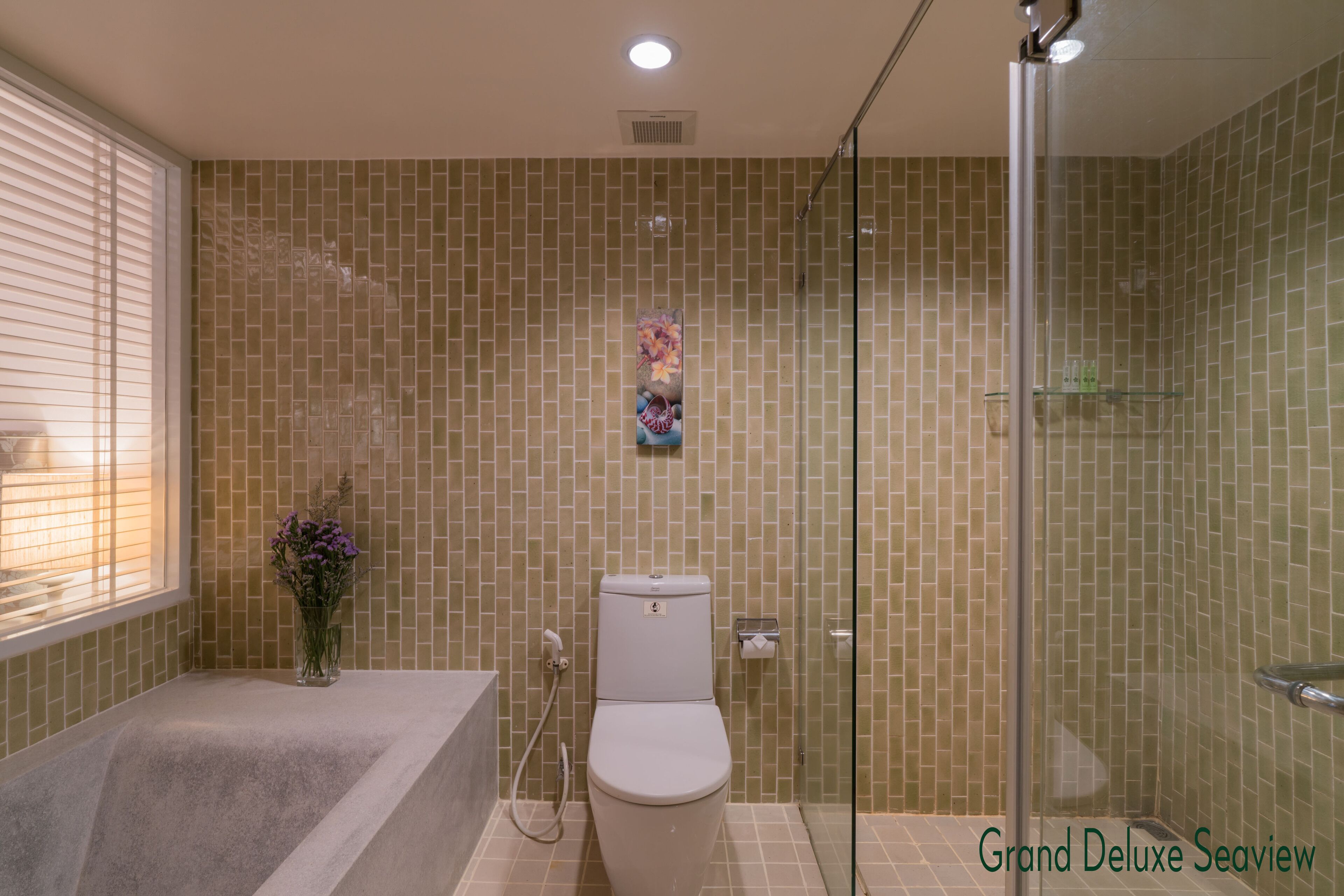 A bathroom with a toilet, a glass shower enclosure, and a bathtub.