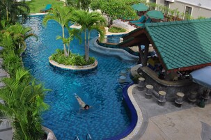 Outdoor pool, pool umbrellas, pool loungers