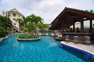 Outdoor pool, pool umbrellas, pool loungers