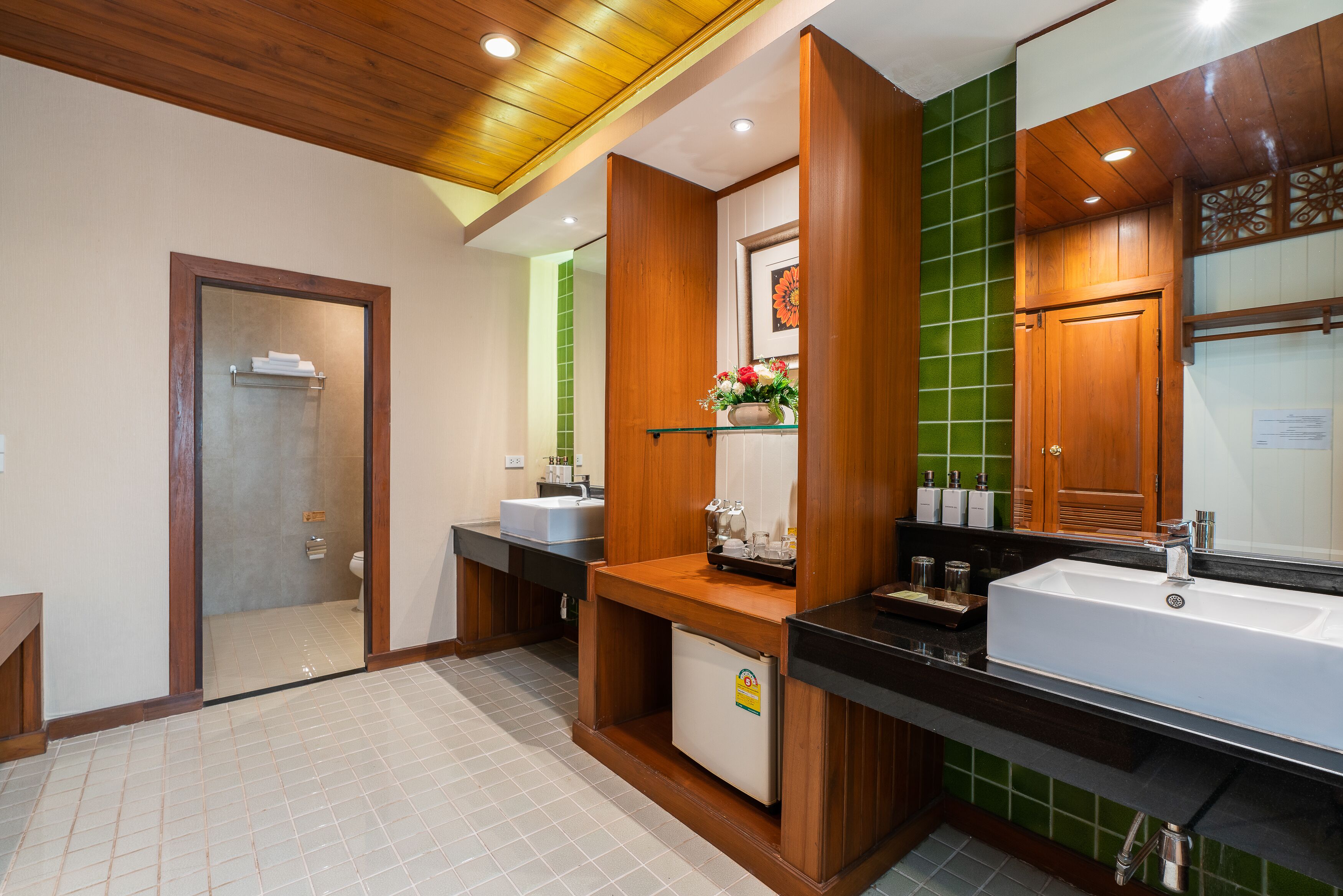 family room | bathroom | designer toiletries, hair dryer, towels