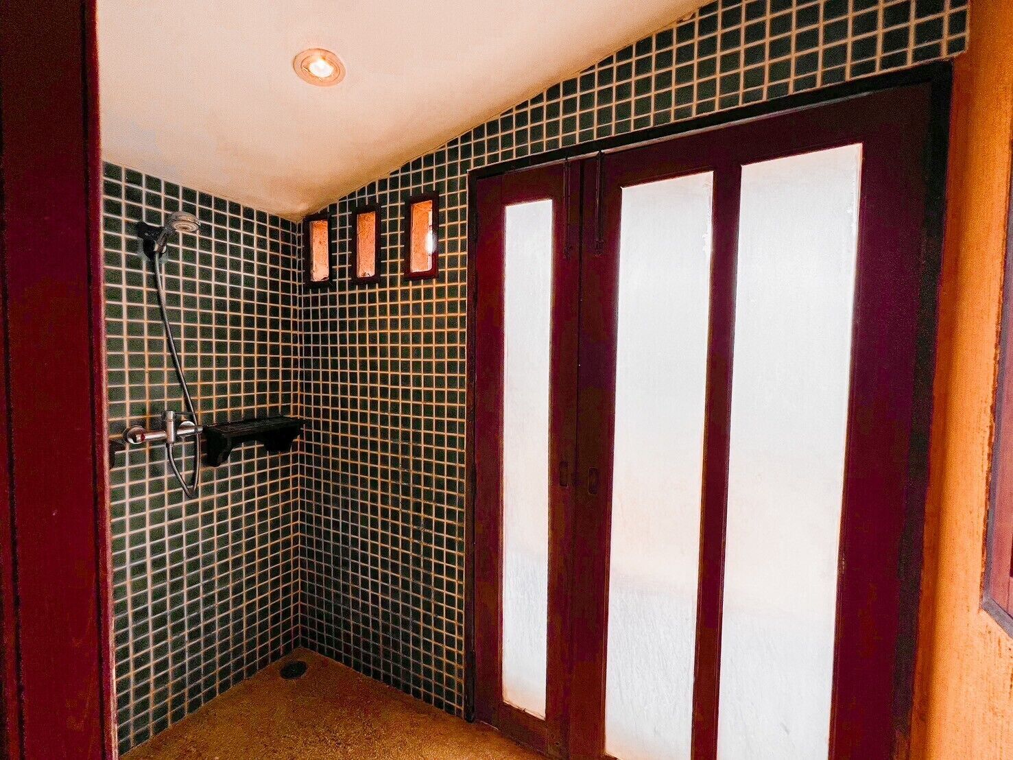 A small, tiled bathroom with a shower, a toilet, and a door with frosted glass panels.