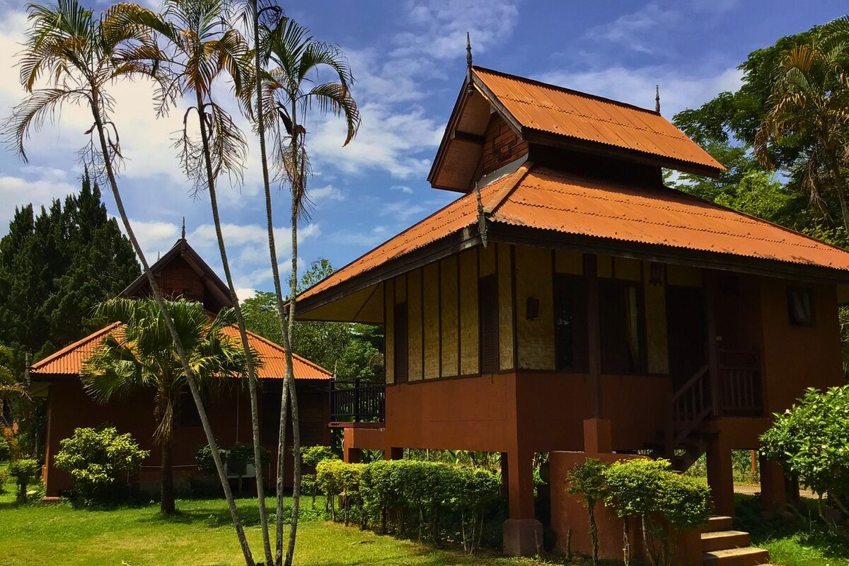 Une maison traditionnelle en bois, dotée d’un toit à pente, entourée d’une végétation luxuriante et de palmiers.