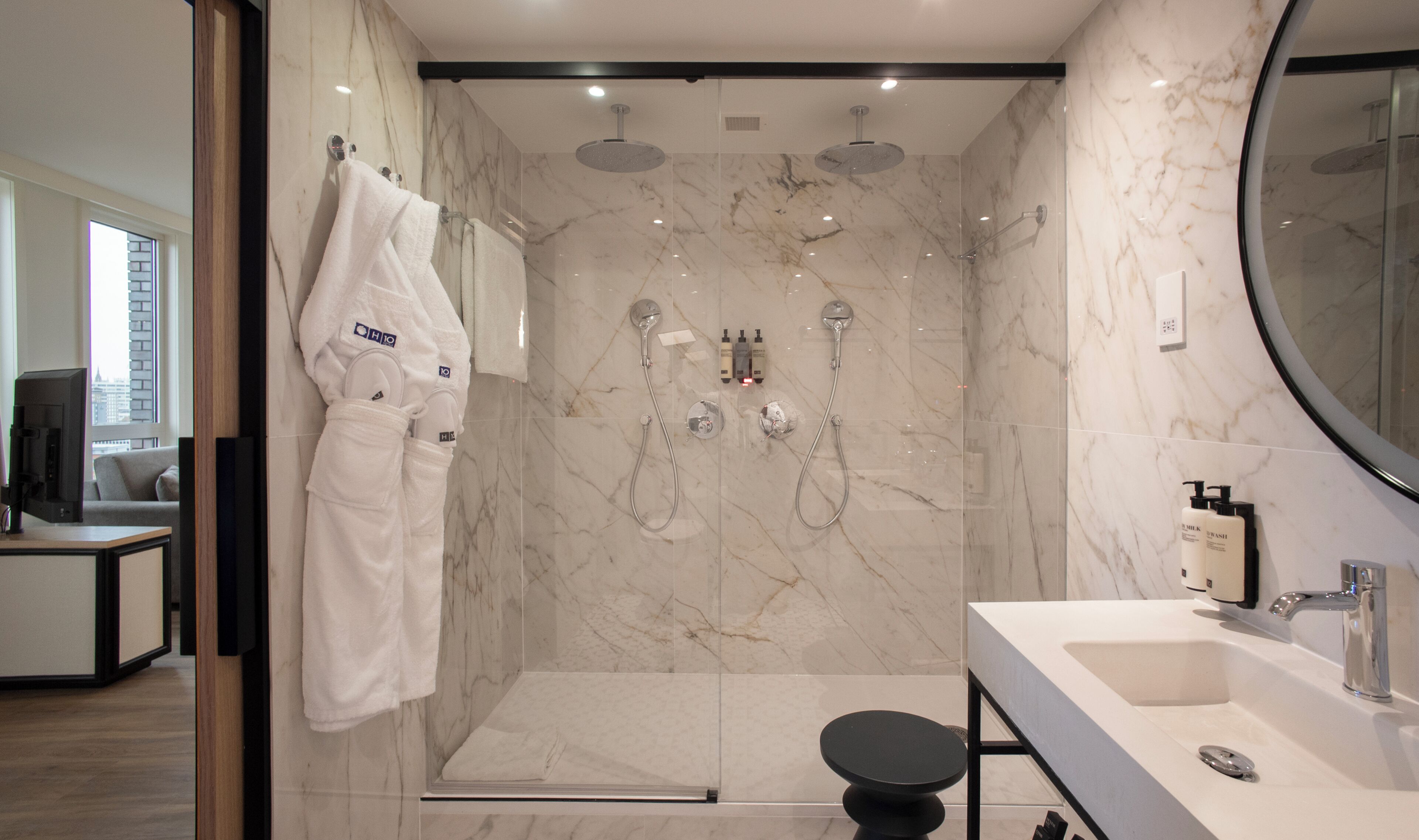 eco-friendly toiletries, hair dryer, towels