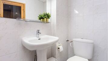 A bathroom with a white sink, toilet, and a shelf with plants.