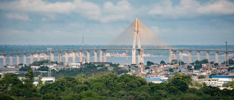 A large suspension bridge with multiple towers, surrounded by dense greenery and a cityscape in the background.