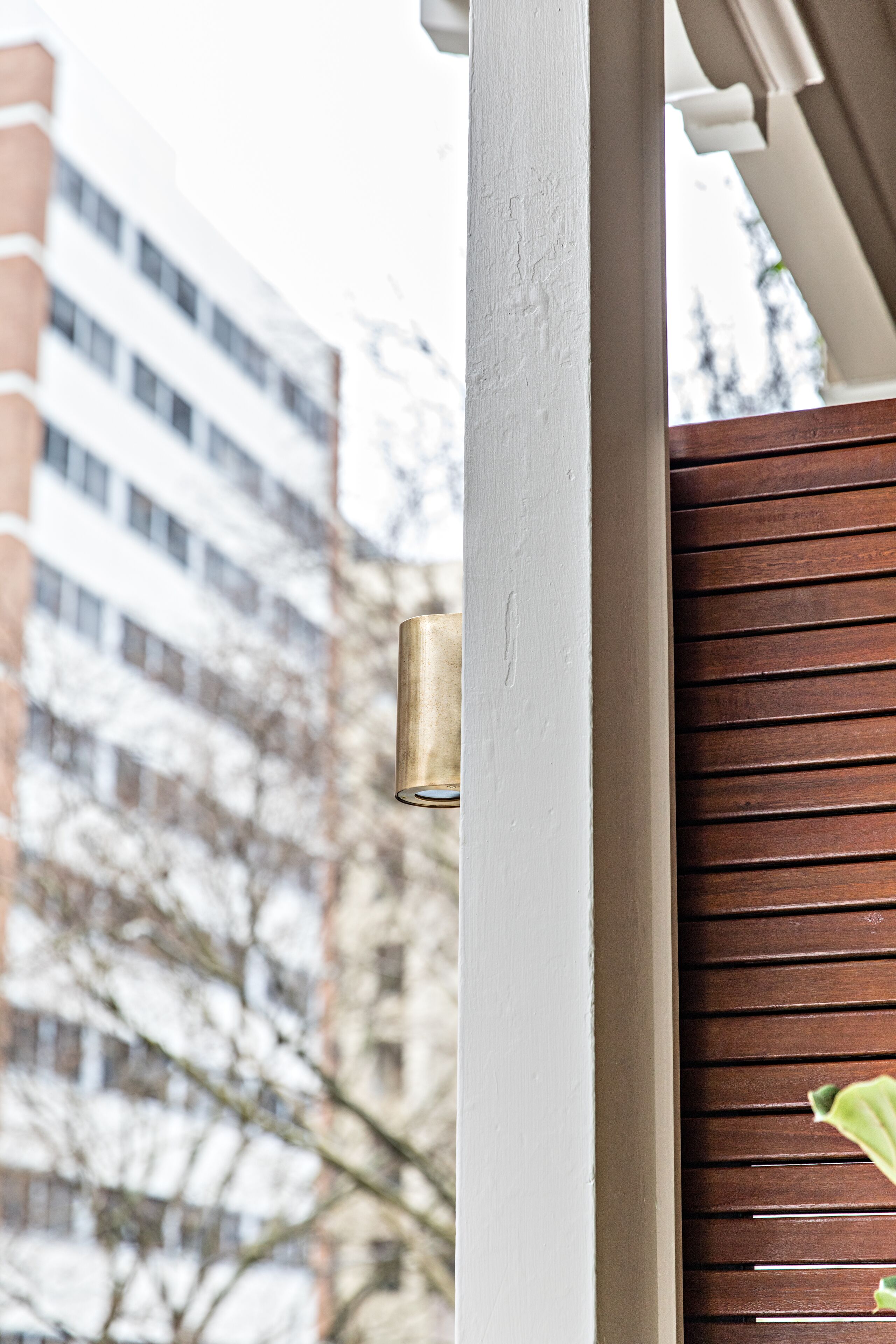 A wooden door with a brass handle, a white wall, and a building in the background.