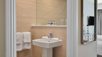 Shower, free toiletries, hair dryer, towels