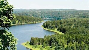 Joki, joka mutkittelee metsäisen maiseman halki, ja jonka keskellä on pieni saari sekä vedessä kelluva vene.