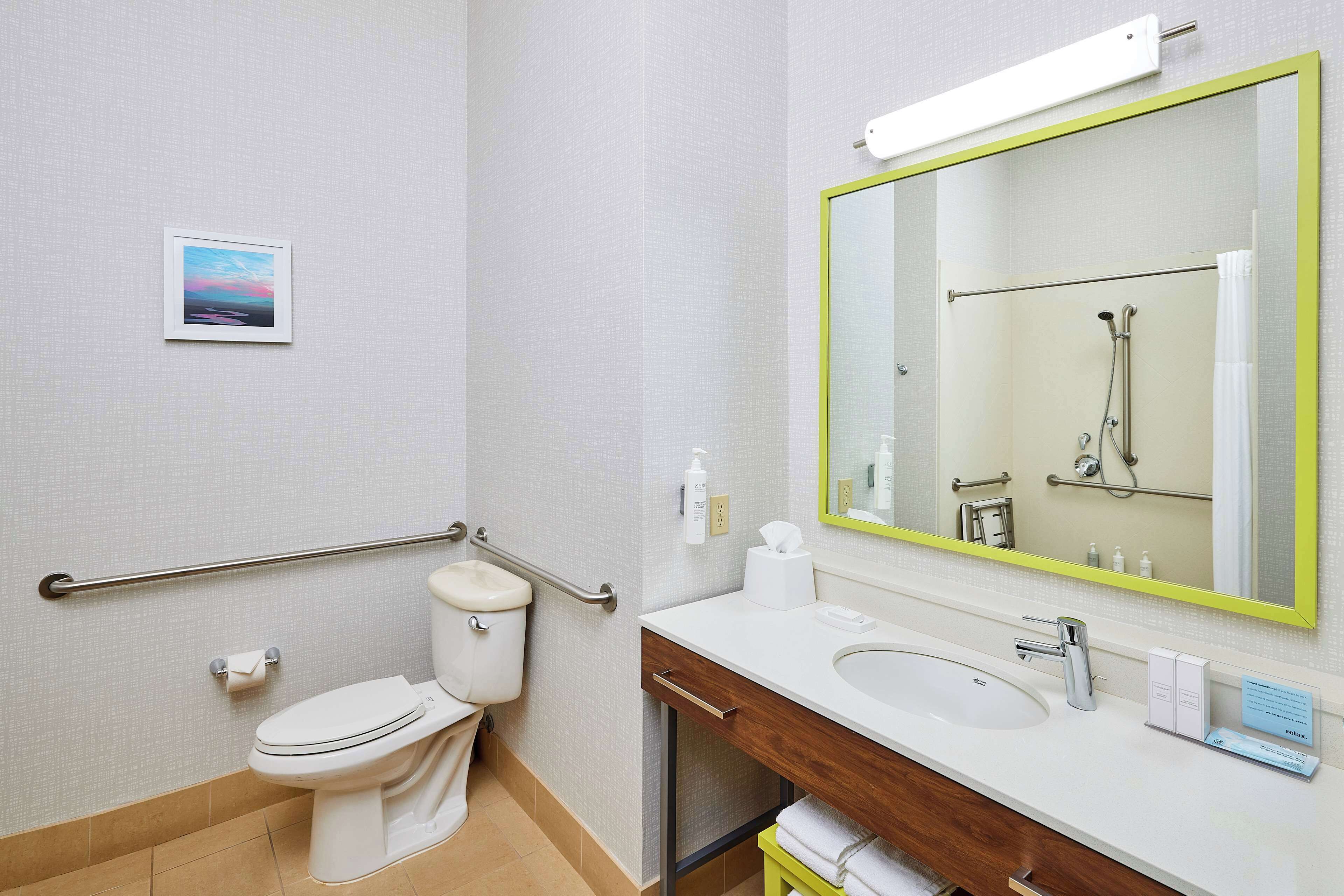 combined shower/bathtub, free toiletries, hair dryer, towels