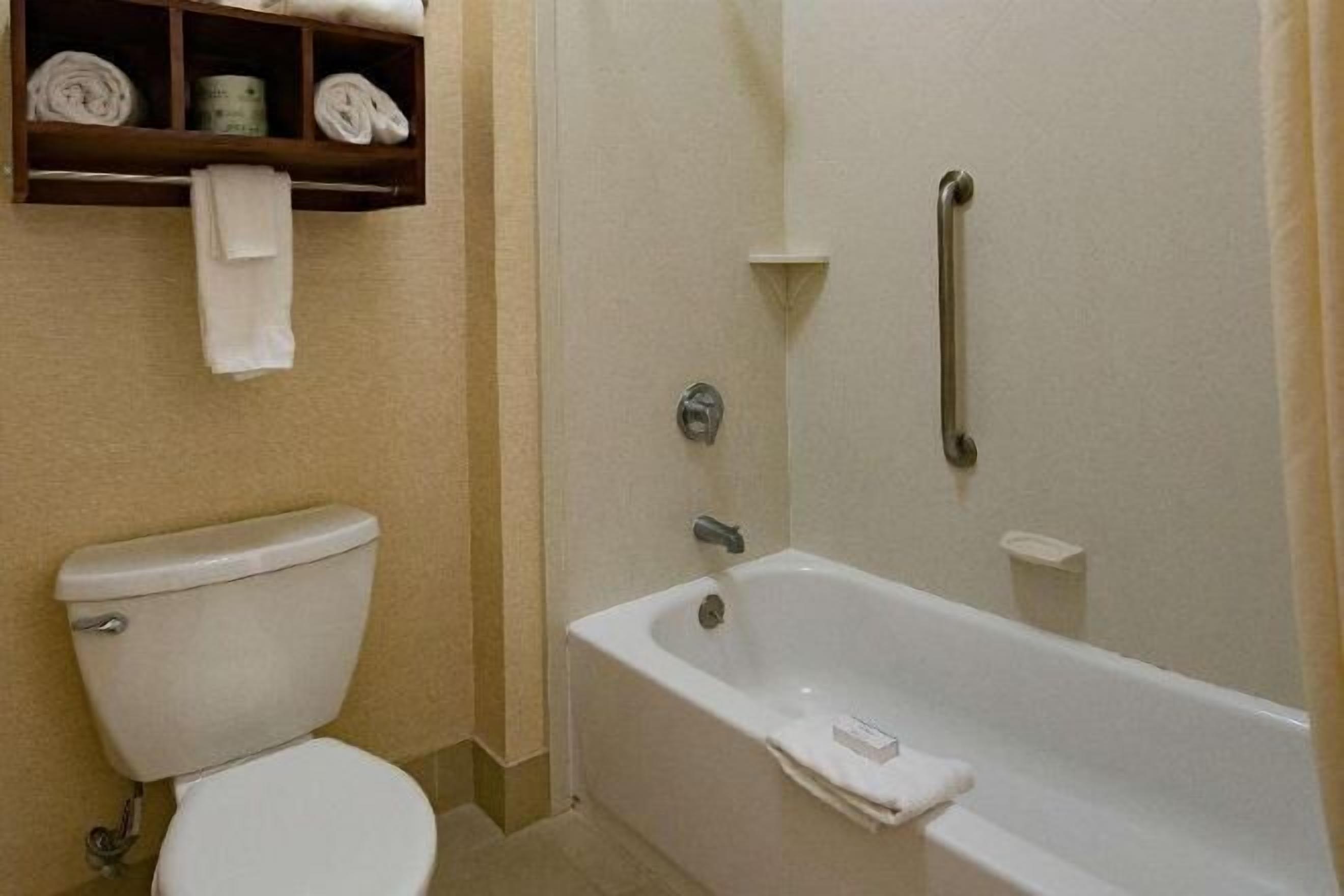 Combined shower/tub, free toiletries, hair dryer, towels