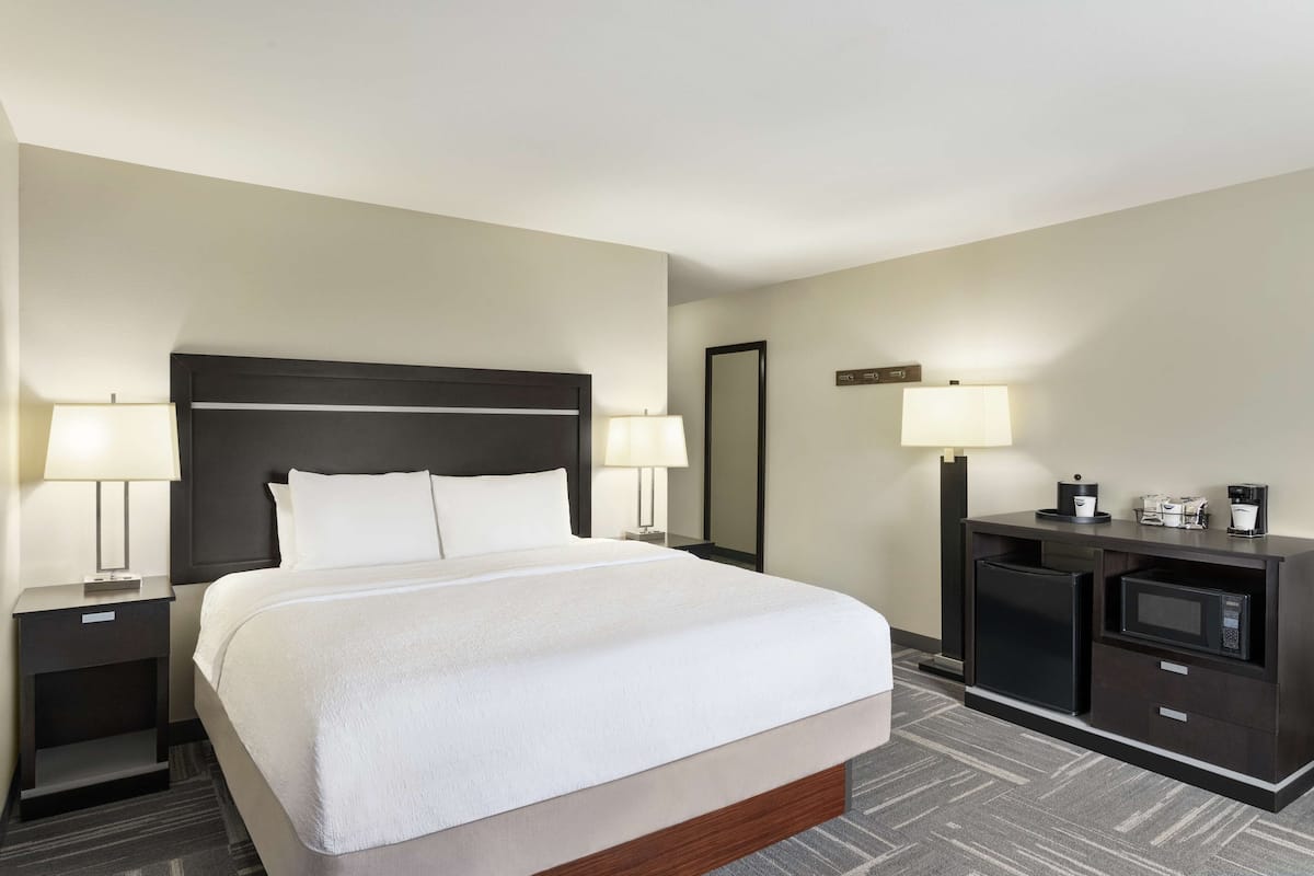 A hotel room with a large bed, bedside tables with lamps, a minibar, and a microwave.