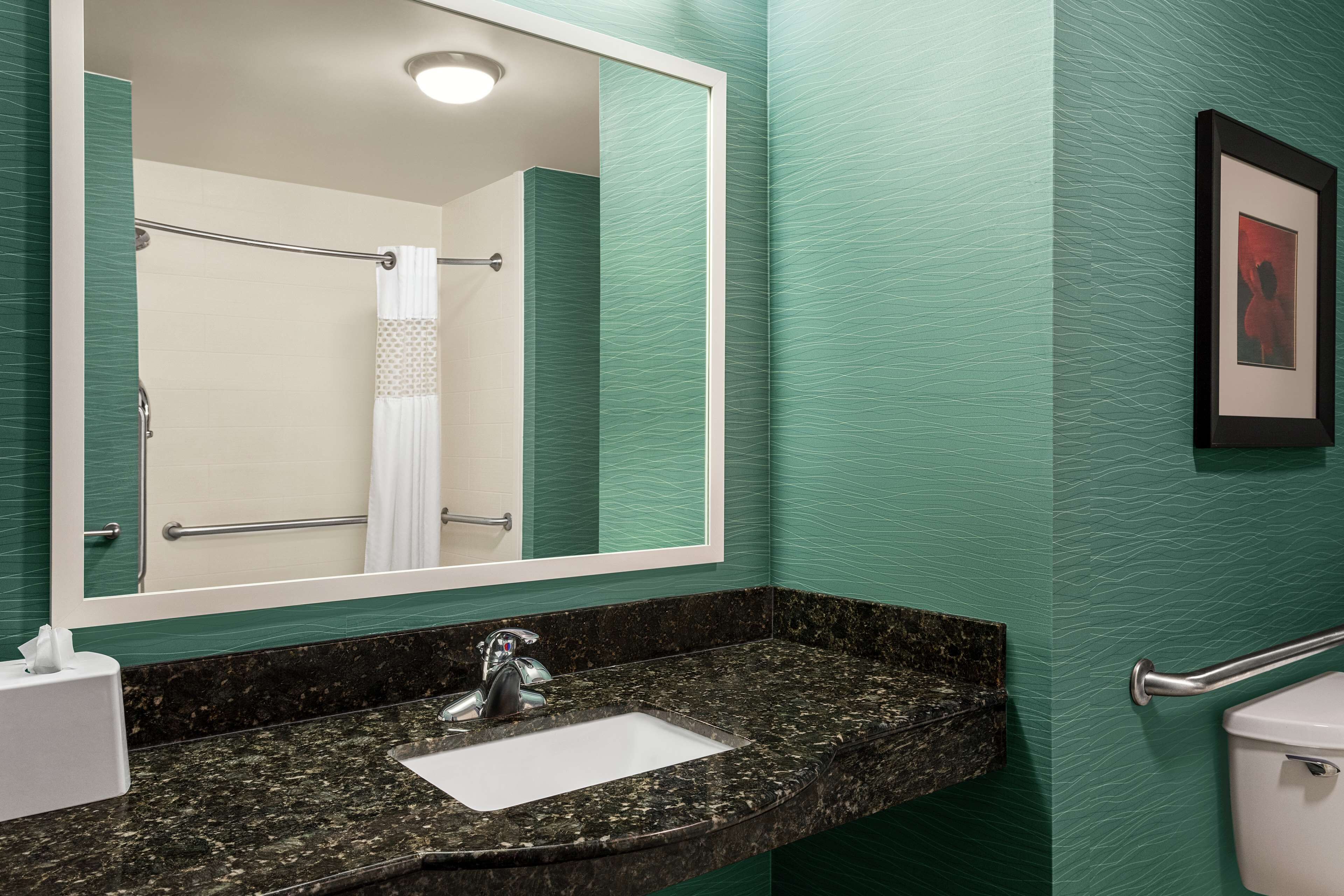 Une salle de bain avec un lavabo, un miroir et des toilettes.