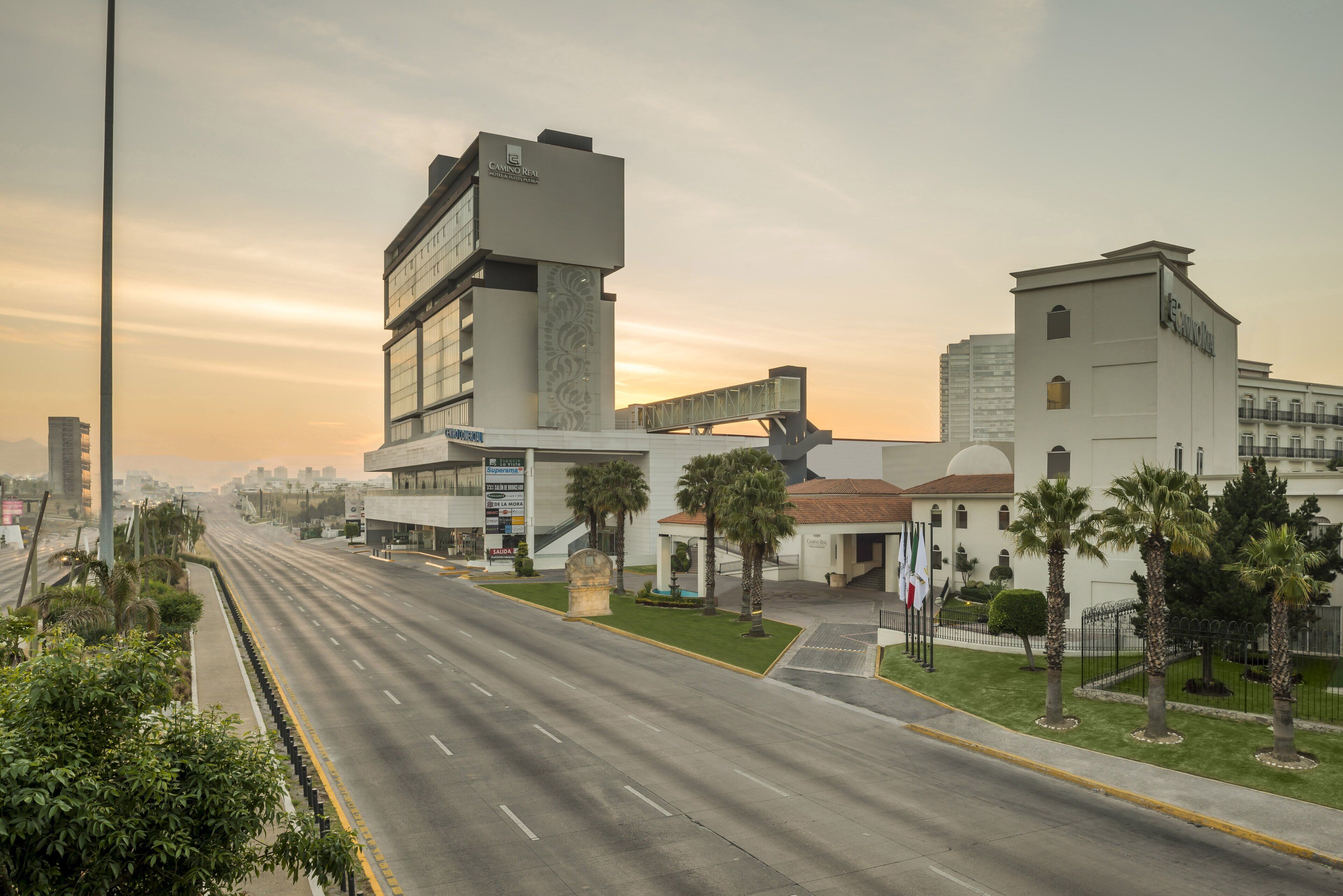 A modern hotel with a prominent tower, a covered walkway, and a well-maintained lawn with palm trees.