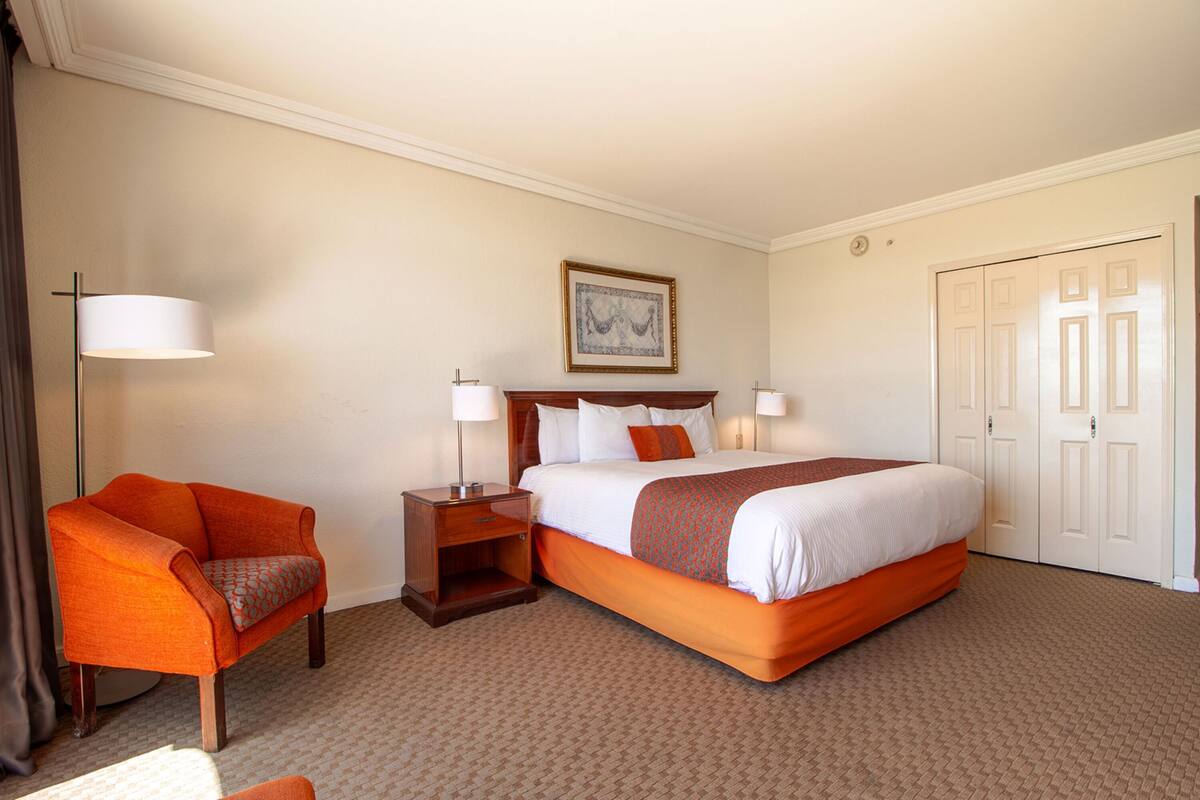 Une chambre d’hôtel avec un lit, une chaise, une table de chevet, une lampe, un tableau et une armoire.