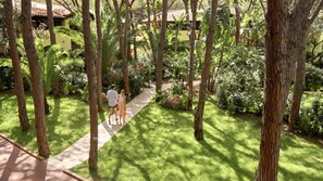 Stroll through the tranquil garden, lined with tall trees and lush greenery, to a charming building with a tiled roof.