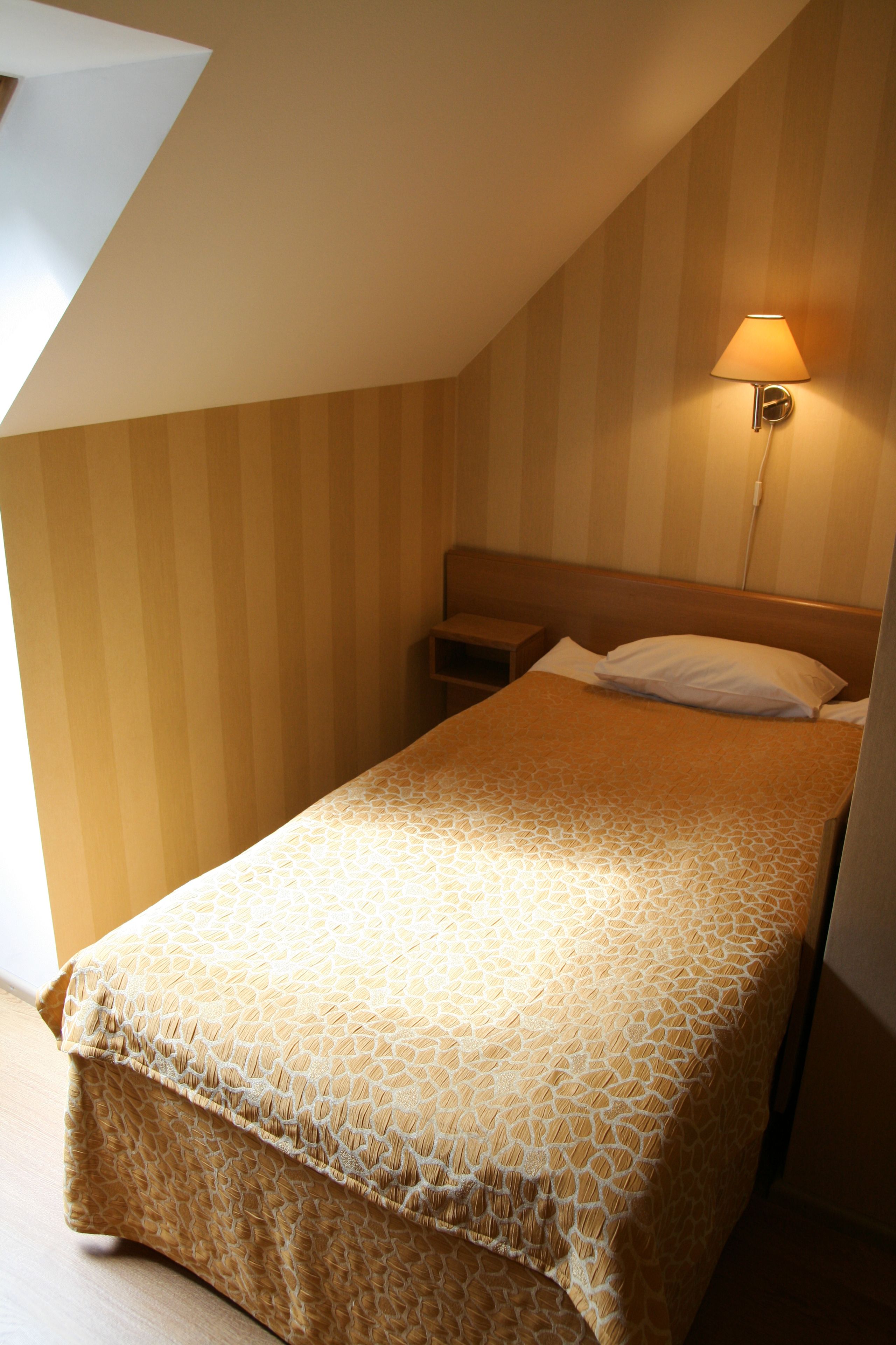Ein Schlafzimmer mit schrägen Wänden, einem Bett mit gemustertem Überwurf, einem Nachttisch und einer Wandlampe.