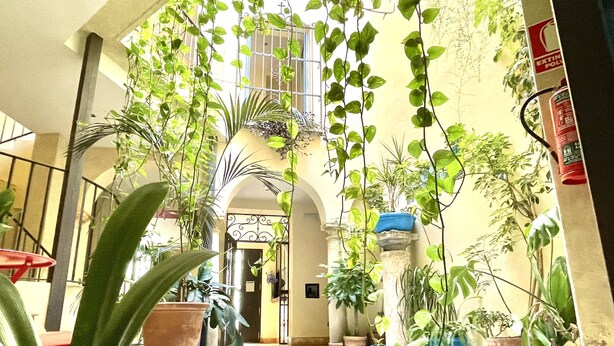 An indoor courtyard with potted plants, a tiled floor, and a balcony. - Hotel Conde de Cárdenas (Córdoba)