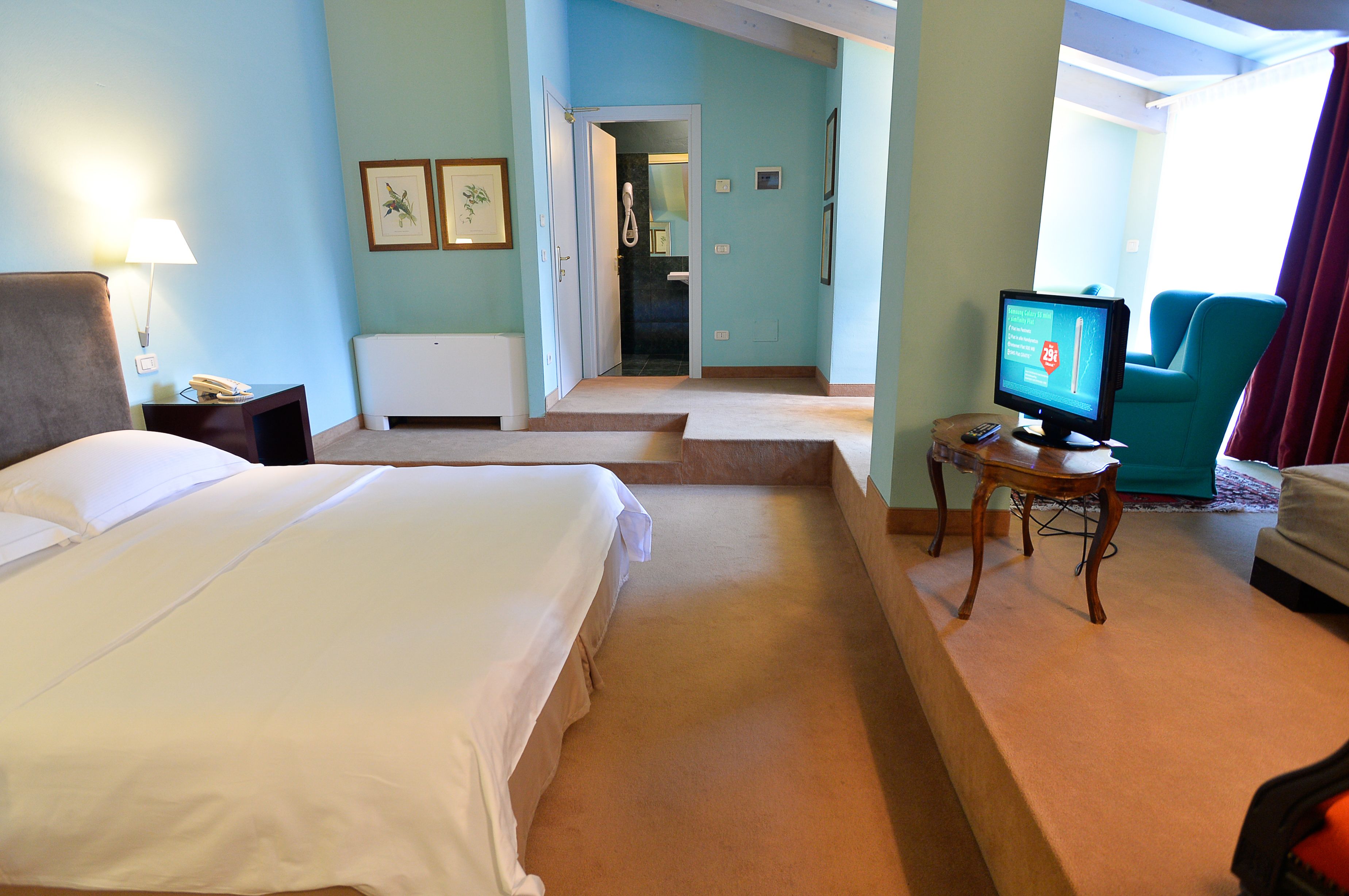 A hotel room with a bed, a television, a desk, and a chair.
