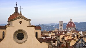 A historic building with a dome and bell tower, surrounded by other buildings and a mountainous backdrop. - Hotel Palazzo Guadagni (Florence)