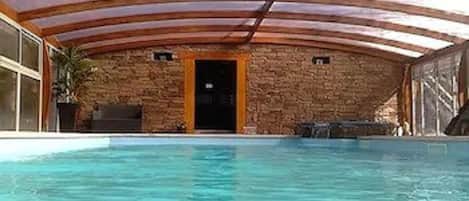 Indoor pool, open 10:00 AM to 8:00 PM, sun loungers