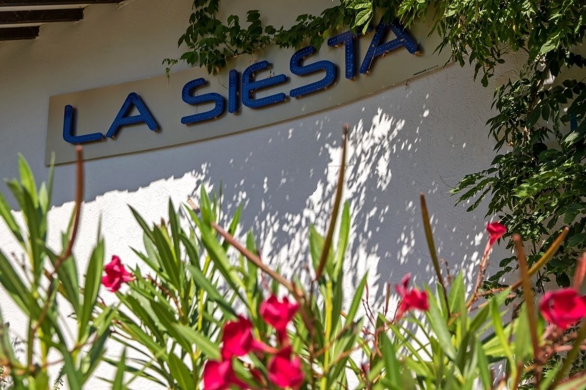 Valkoista seinää vasten on kyltti, jossa lukee ”LA SIERRA”. Kylttiä ympäröi vihreää lehtokasvillisuutta ja punaisia kukkia.