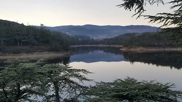 A serene lake surrounded by dense forest and hills.