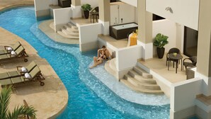 A pool area with lounge chairs and a couple relaxing by the pool.