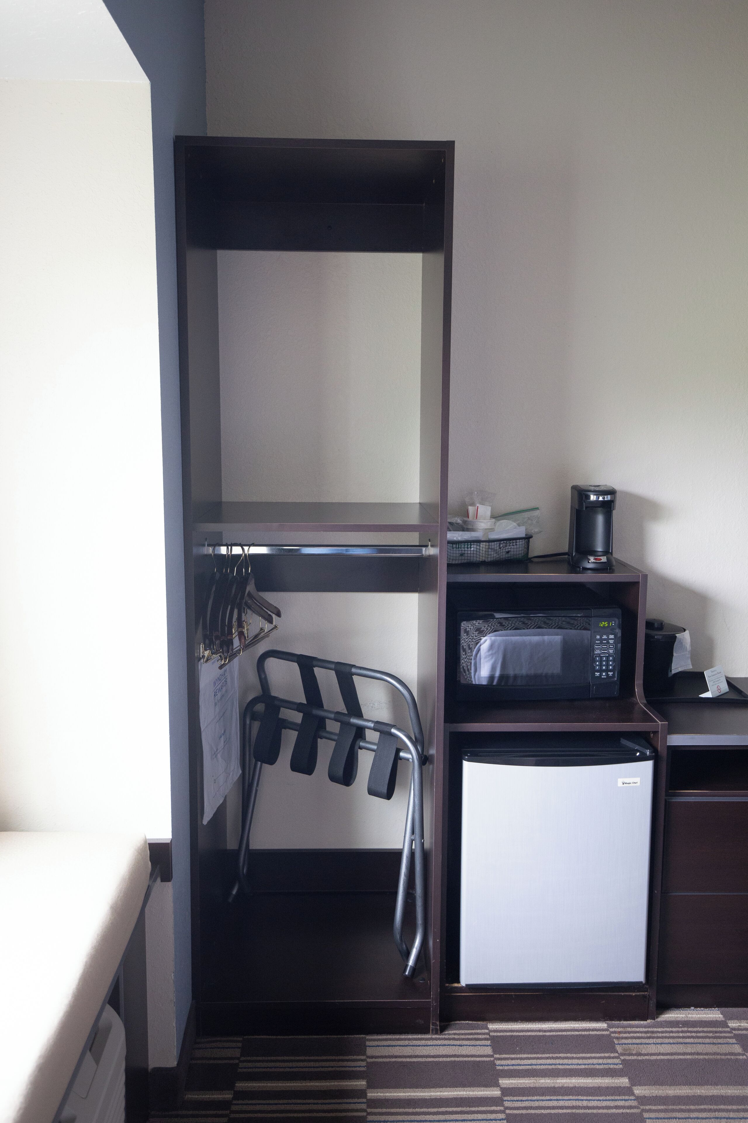 mini-fridge, microwave, coffee/tea maker