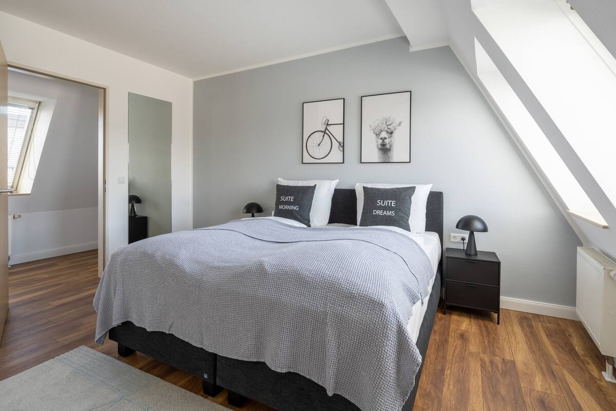 Un dormitorio moderno con una cama grande, un tragaluz y dos cuadros en la pared.