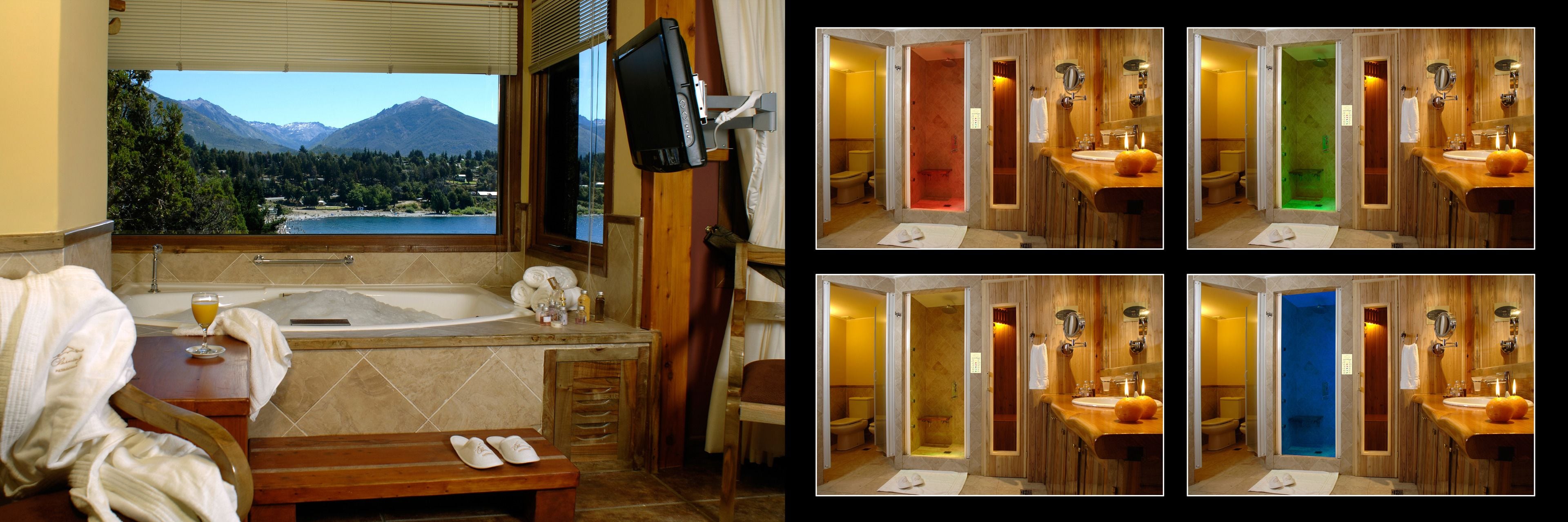 separate bathtub and shower, jetted bath, rainfall showerhead