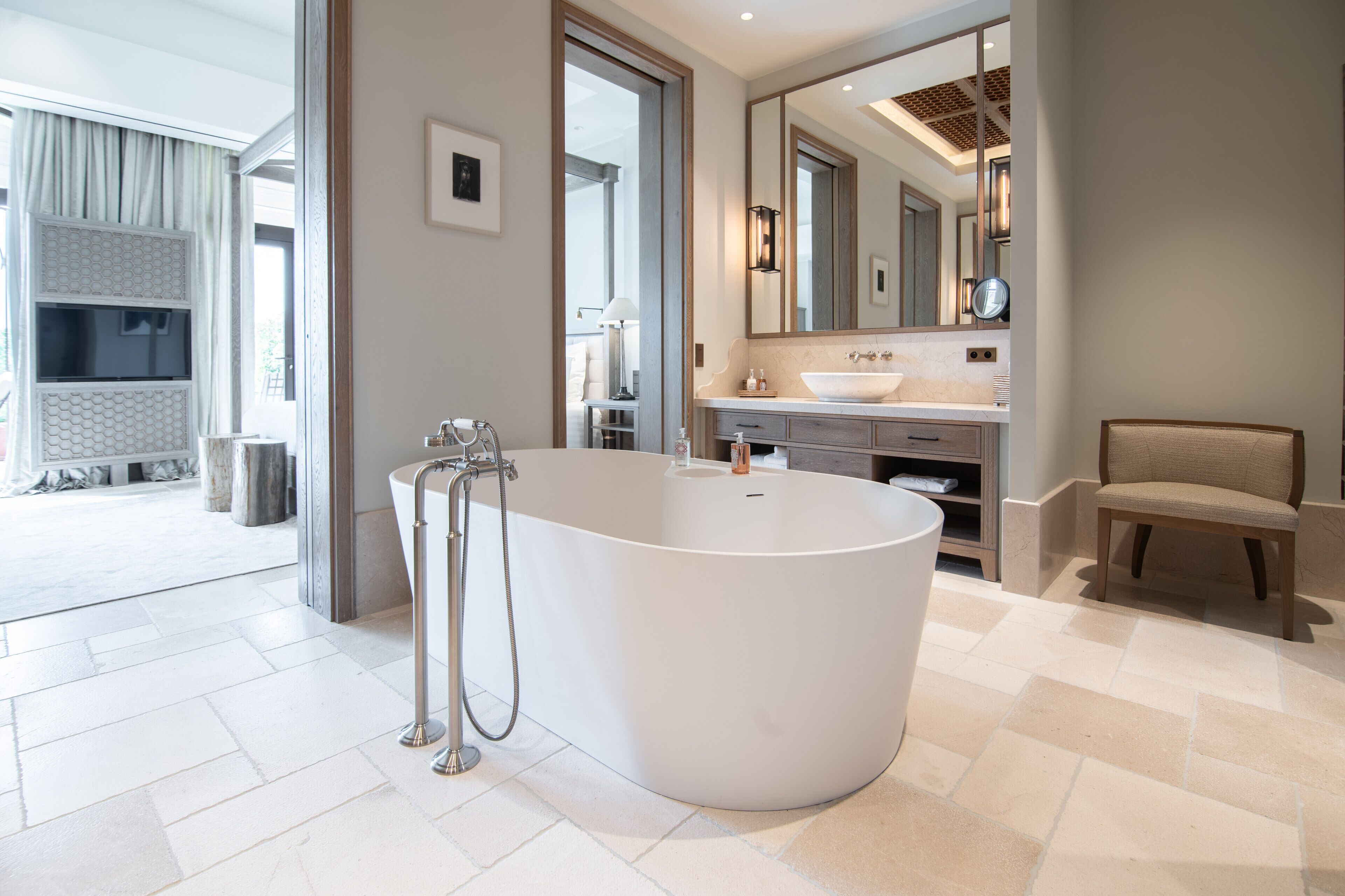 ida suite | bathroom | separate bathtub and shower, deep-soaking bathtub