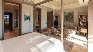 A spacious bedroom with a large bed, a walk-in closet, and a view of the outdoors.