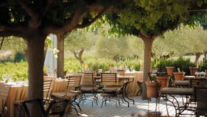 An outdoor dining area with wooden tables and chairs, surrounded by trees and potted plants.