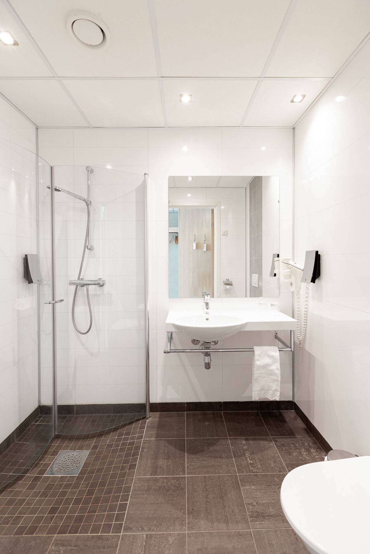 A modern bathroom with a glass-enclosed shower, a white sink with a mirror above, and a toilet.
