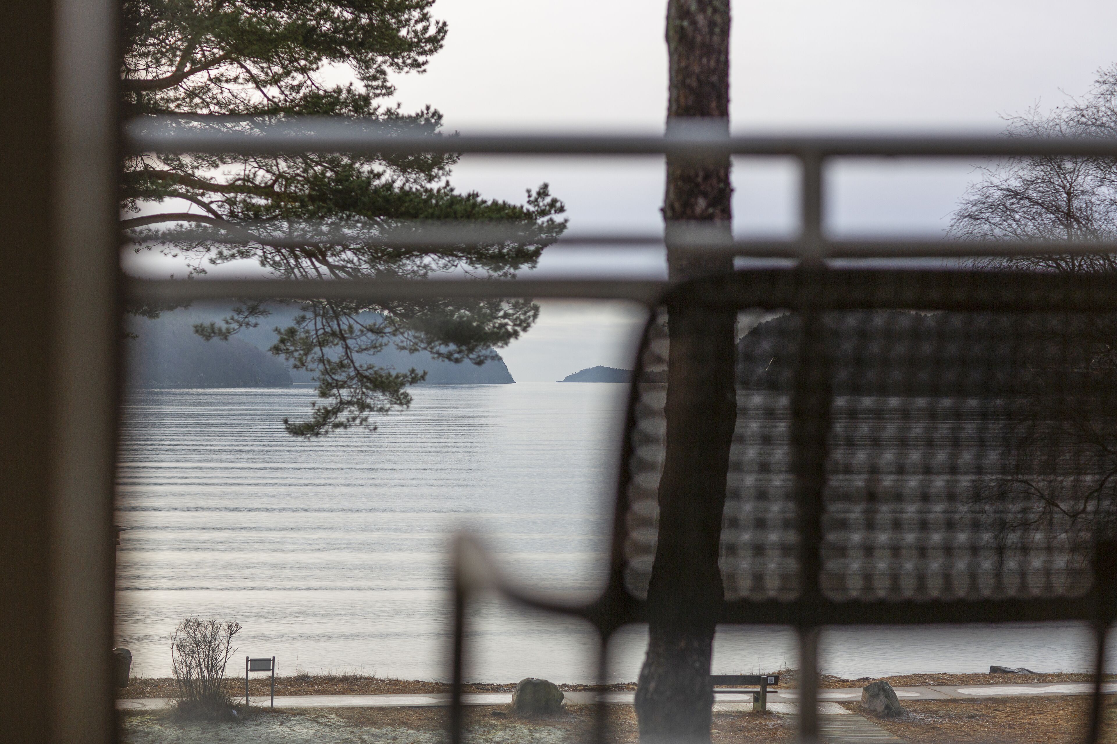 A view through a window with a metal grid, overlooking a calm lake with distant islands and a bench in the foreground.