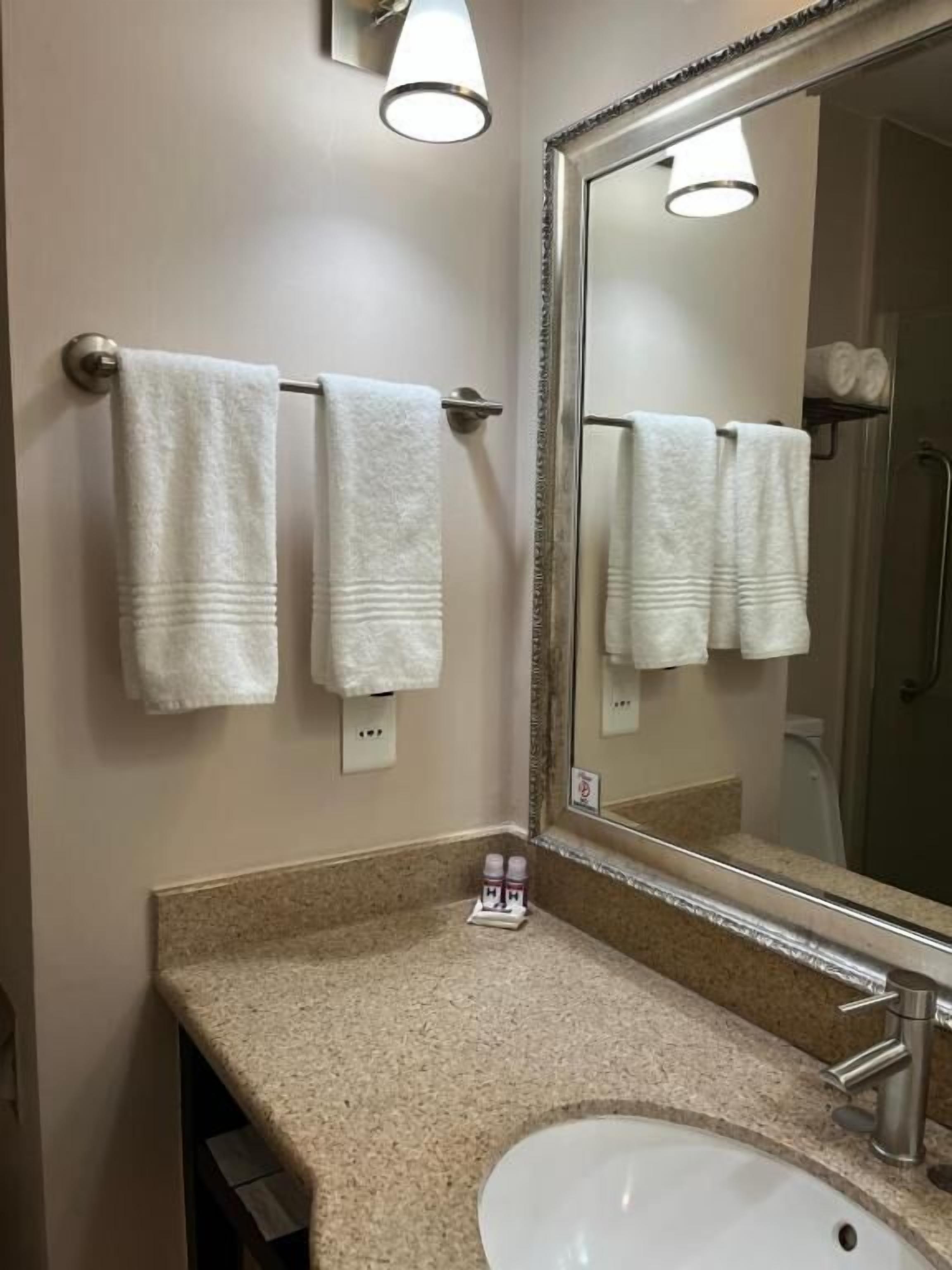 Combined shower/tub, free toiletries, hair dryer, towels