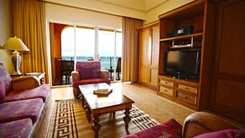 Een 43-inch plasmatelevisie met satellietzenders en een televisie