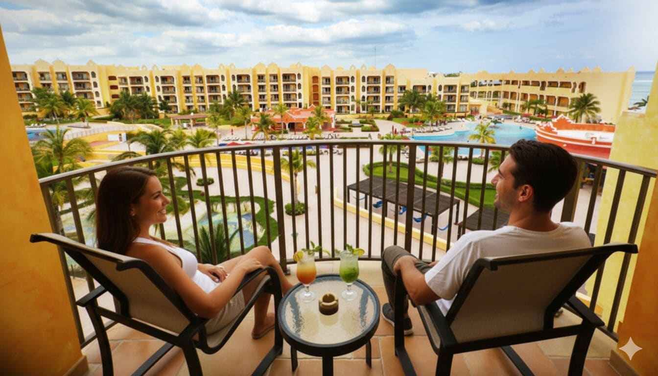 Ein Balkon mit zwei Stühlen und einem kleinen Tisch, der einen Blick auf einen Pool und die Gebäude des Resorts bietet.