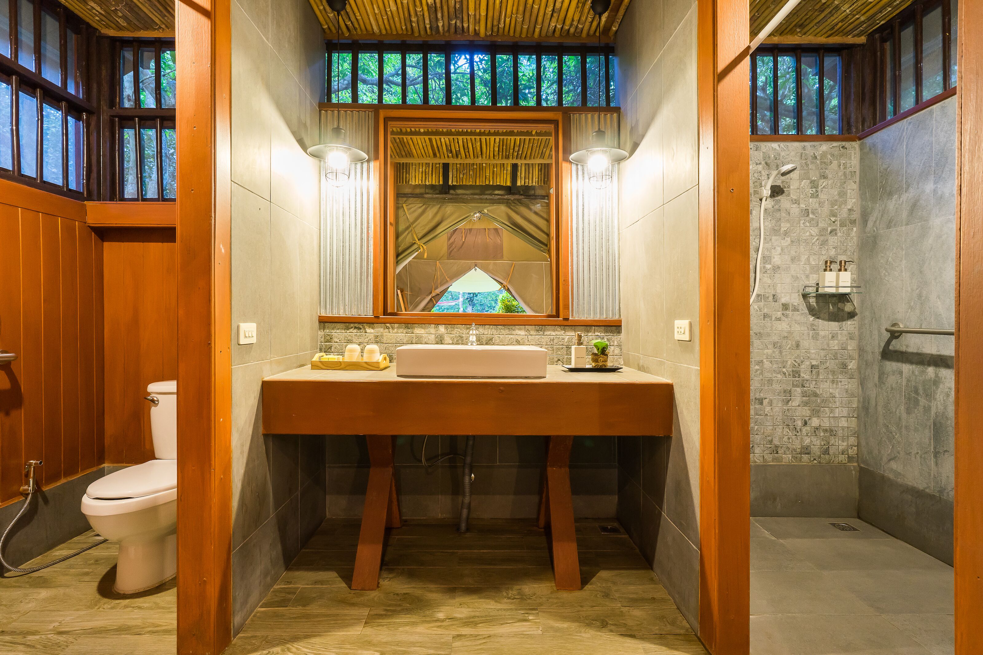 shower, designer toiletries, hair dryer, slippers