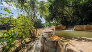 Una fuente natural con agua en cascada, rodeada de árboles y una cerca de madera.