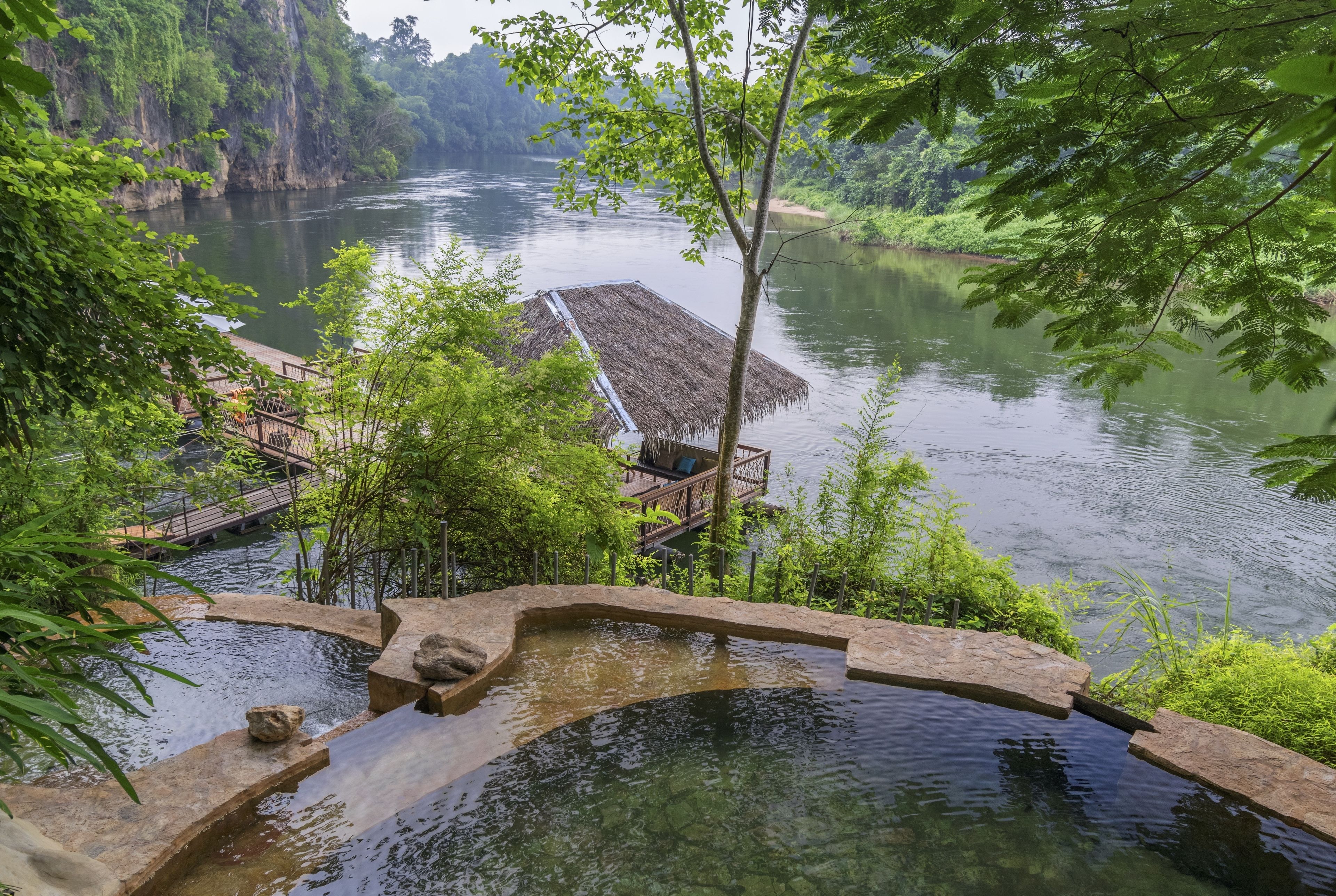 outdoor pool, pool loungers