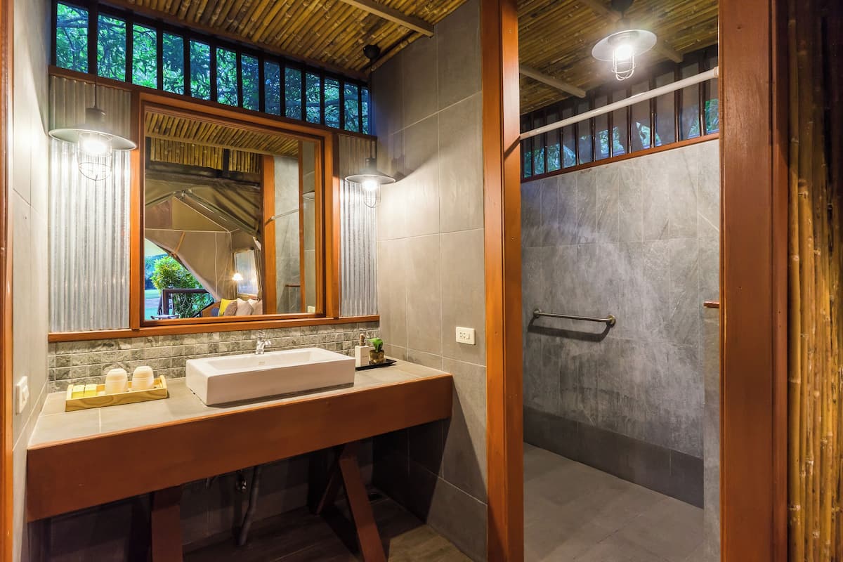 shower, designer toiletries, hair dryer, slippers