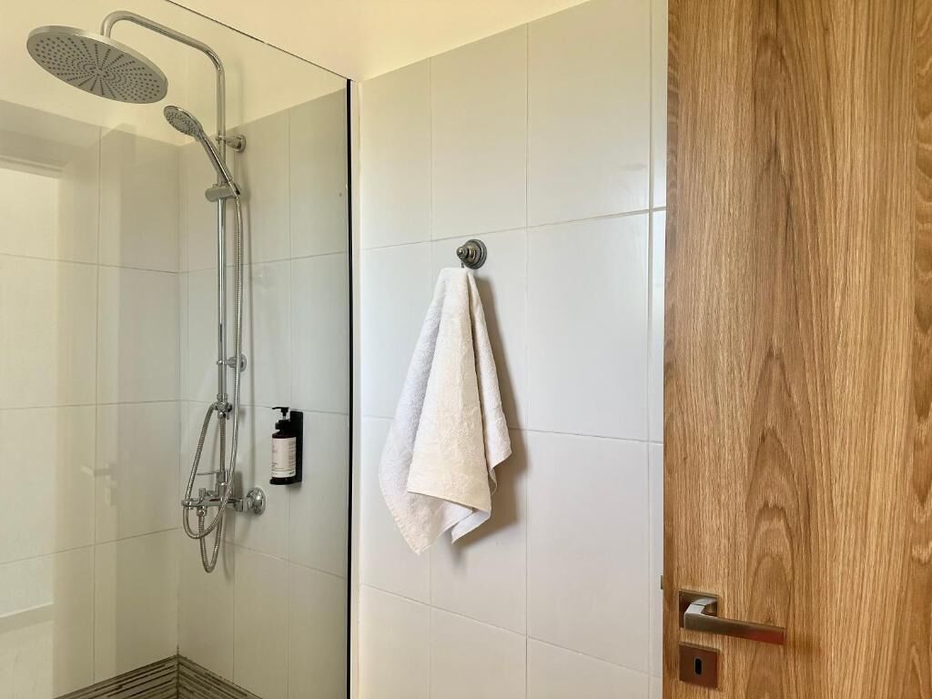 Un baño con cabina de ducha de vidrio, una toalla colgada en la pared y una puerta de madera.