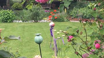 A garden with various plants and flowers, including a prominent pink rose.