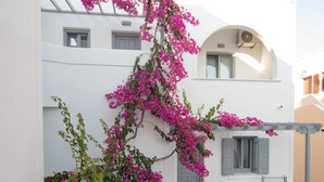A white building with a staircase and pink bougainvillea vines. - Markakis Studios Fira (Santorini)