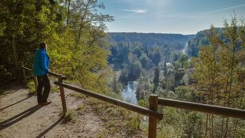 A person standing on a dirt path with a wooden railing, overlooking a valley with a river and dense forest.