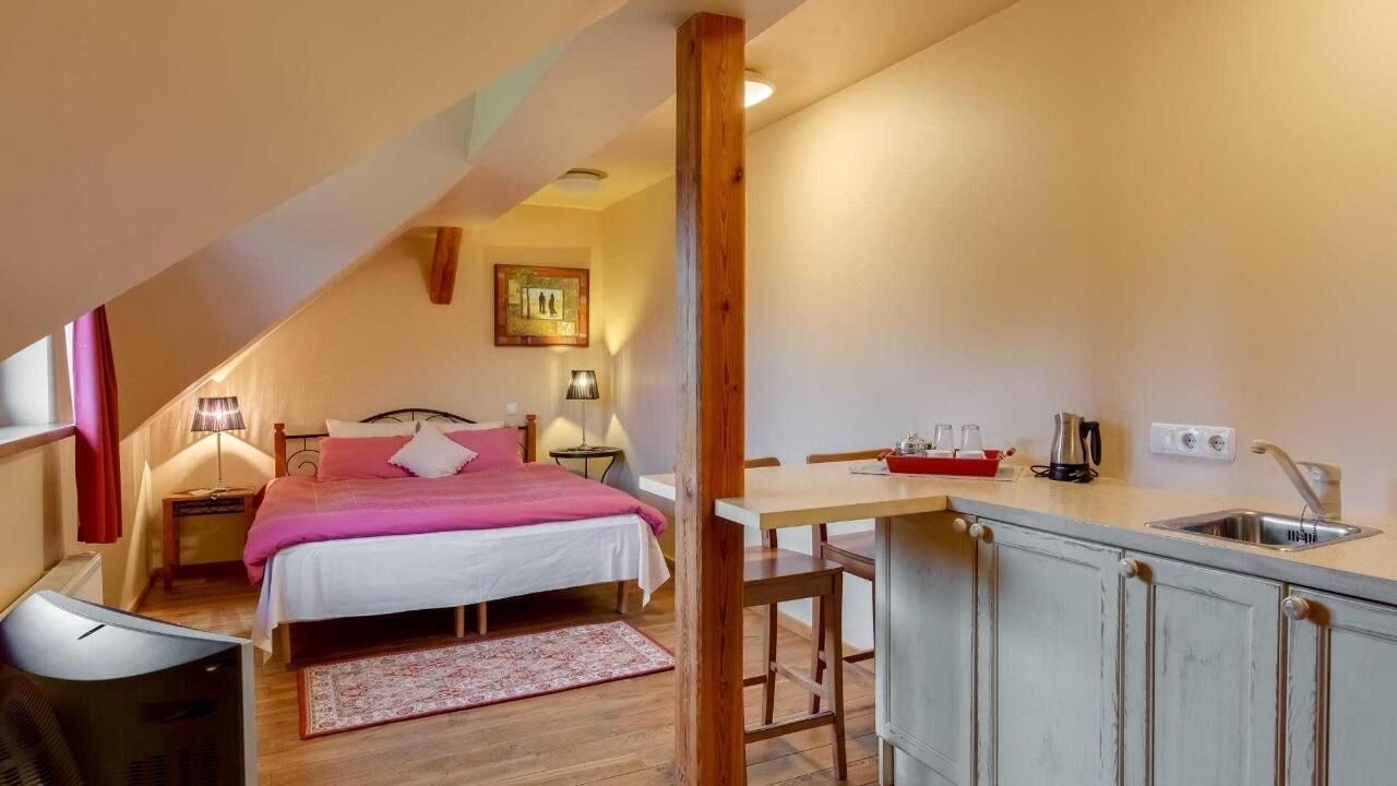 Un dormitorio con cama, mesitas de noche, un escritorio y una kitchenette con fregadero y armarios.