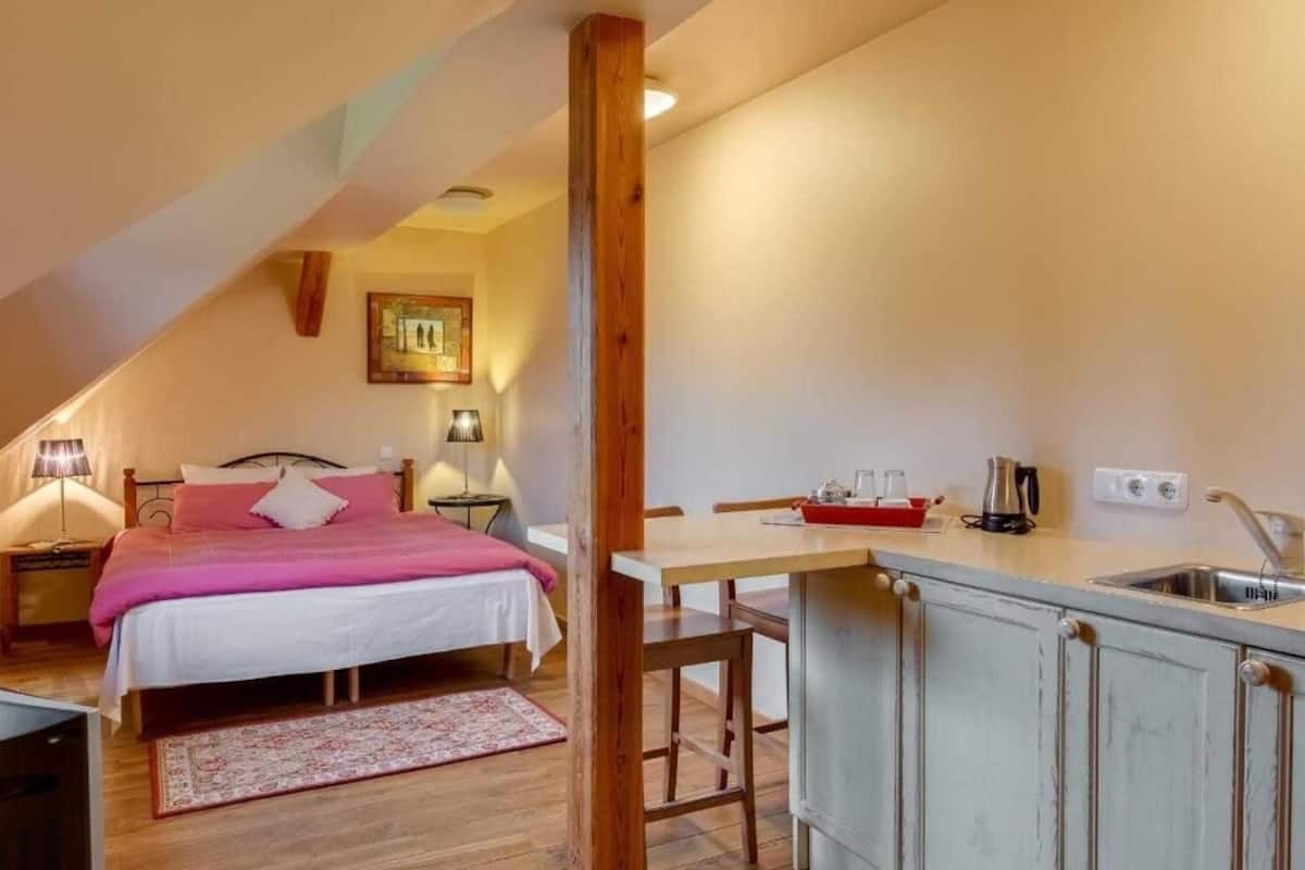 Un dormitorio con cama, mesitas de noche, un escritorio y una kitchenette con fregadero y armarios.