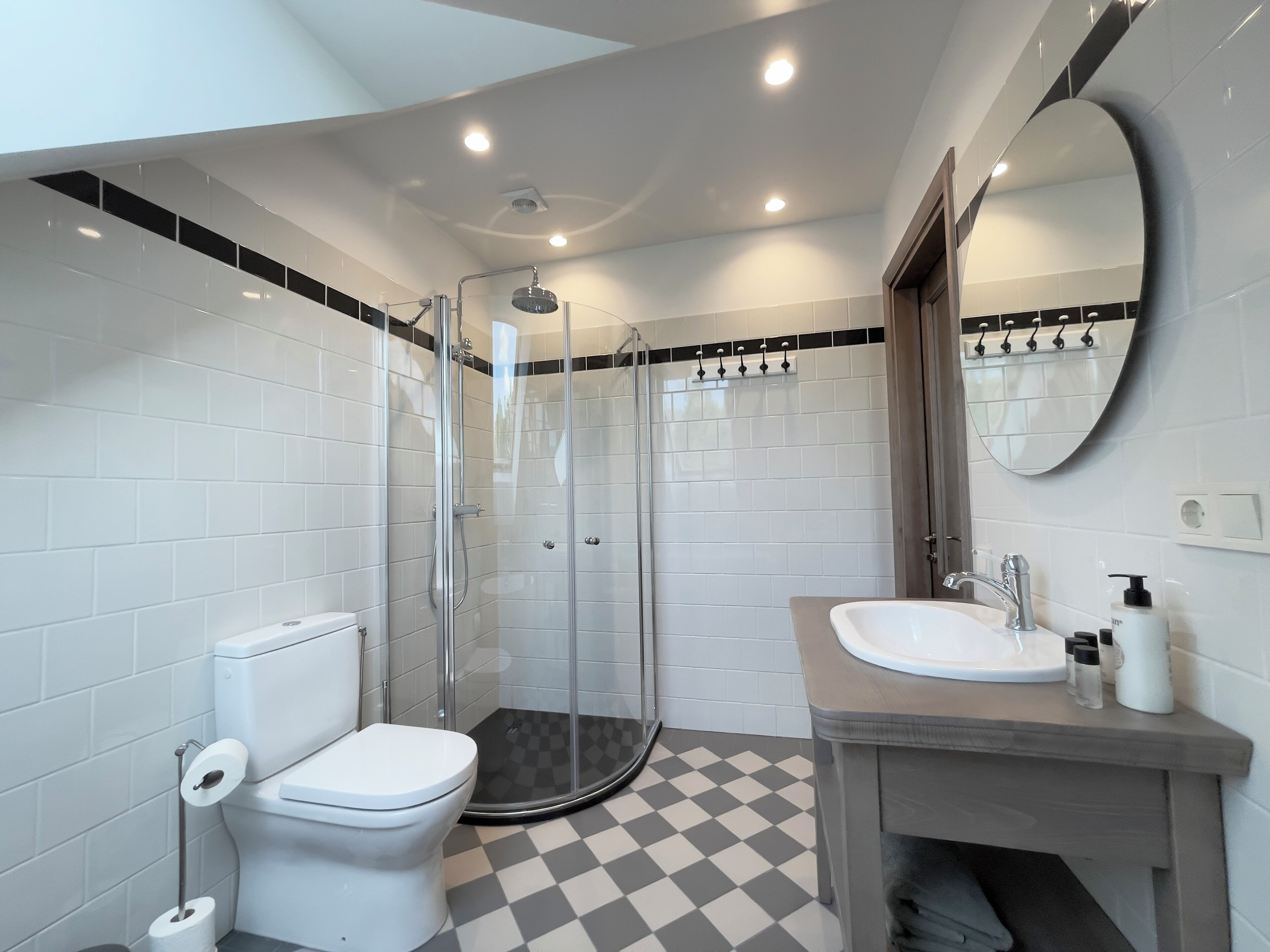 A modern bathroom with a glass-enclosed shower, a toilet, and a sink with a mirror above it.