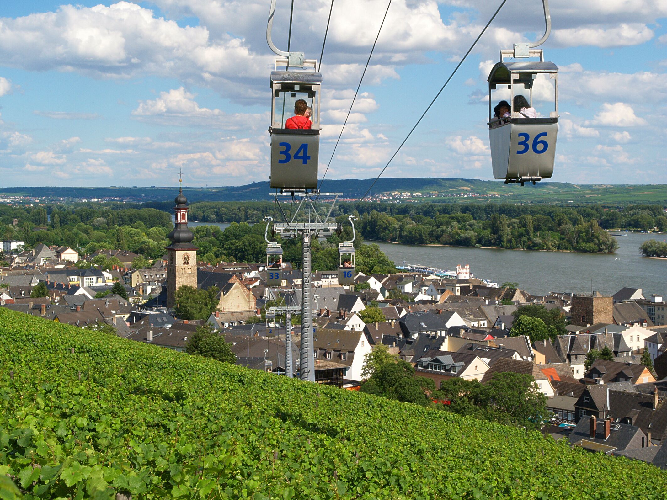 A cable car system with cabins numbered 34 and 36, a town below, and a river.